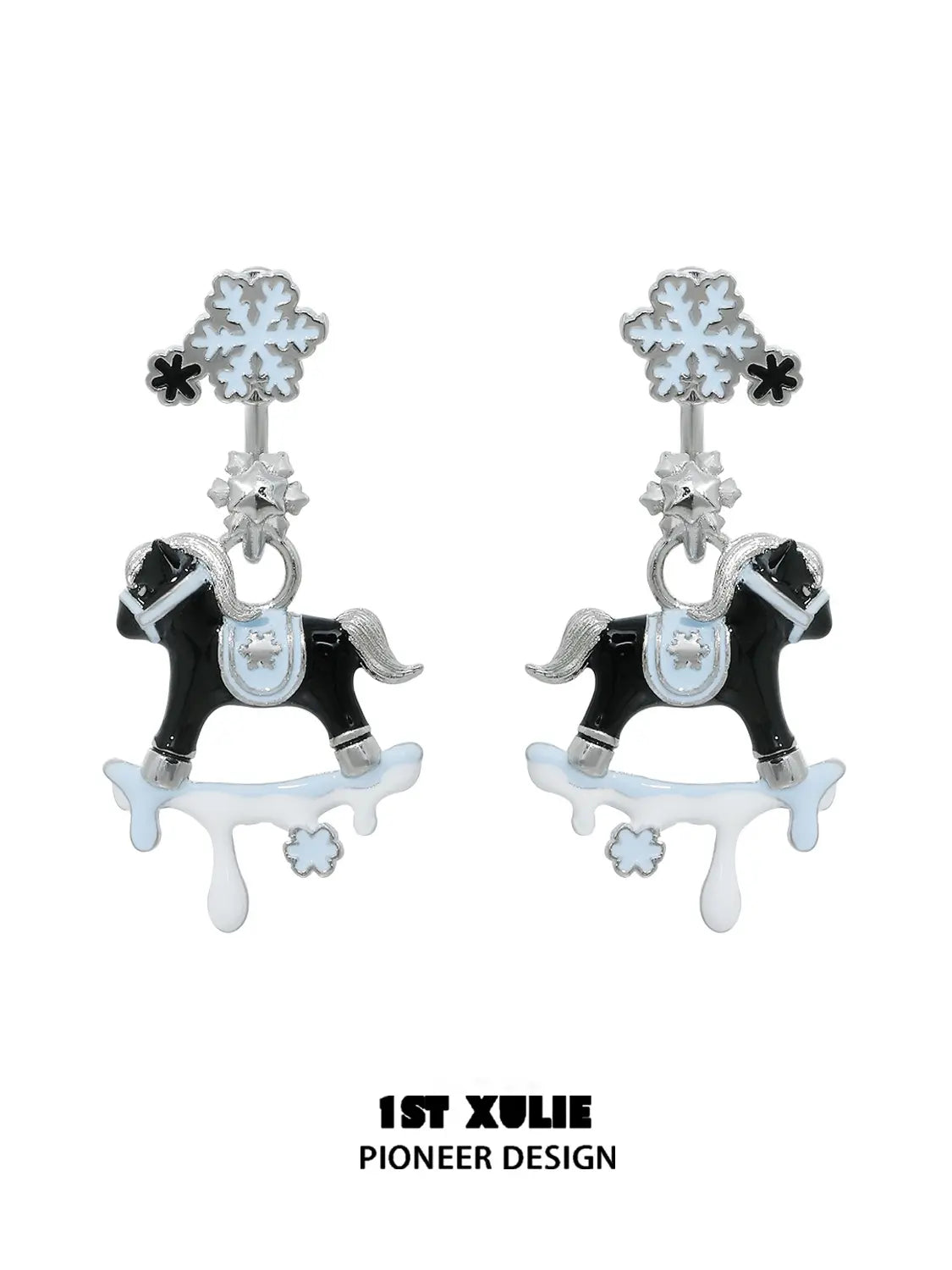 1ST XULIE Jewelry "Snowy Cuties" Snowy Pony Stud Drop Earrings in Platinum Plated Brass - On Model
