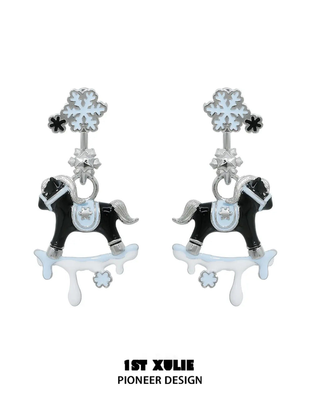 1ST XULIE Jewelry "Snowy Cuties" Snowy Pony Stud Drop Earrings in Platinum Plated Brass - On Model