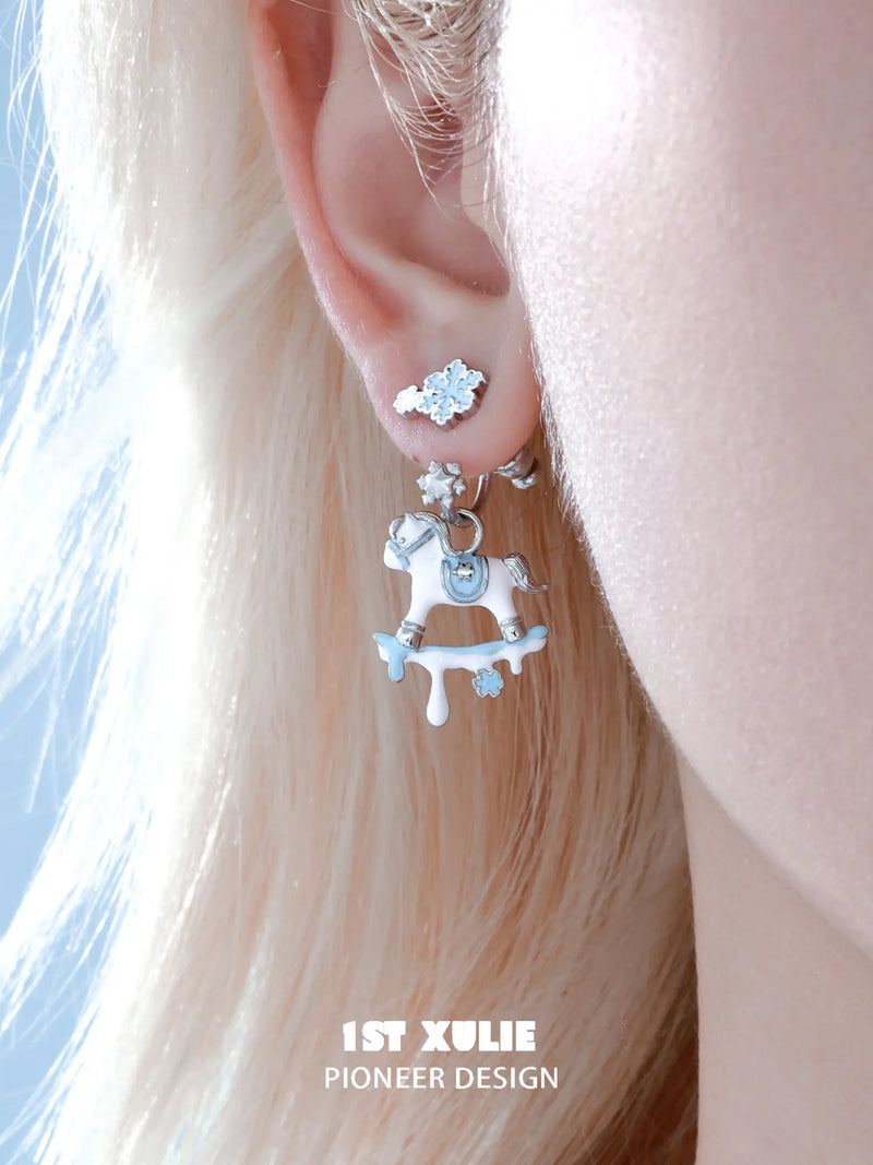 1ST XULIE Jewelry "Snowy Cuties" Snowy Pony Stud Drop Earrings in Platinum Plated Brass - Packaging View