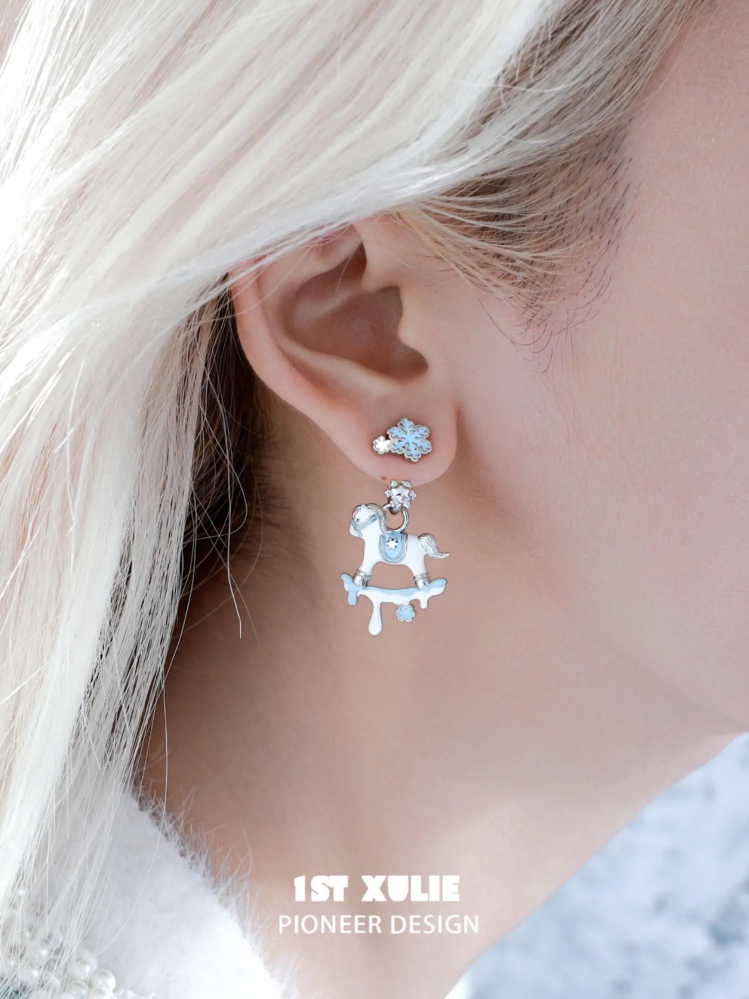 1ST XULIE Jewelry "Snowy Cuties" Snowy Pony Stud Drop Earrings in Platinum Plated Brass - Texture