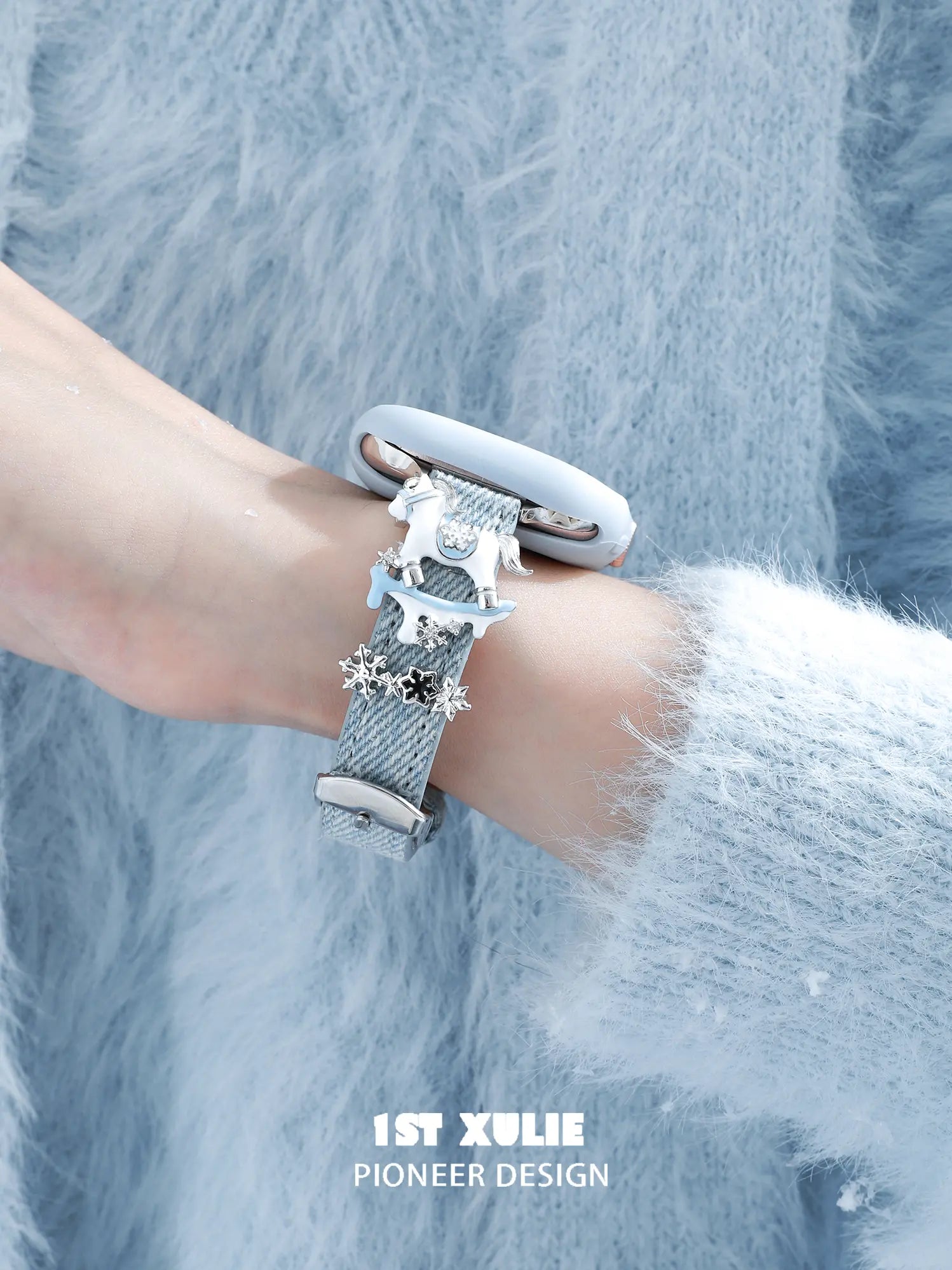 1ST XULIE Jewelry "Snowy Cuties" Snowy Pony Watch Strap in Brass and Microfiber Leather - Angle View