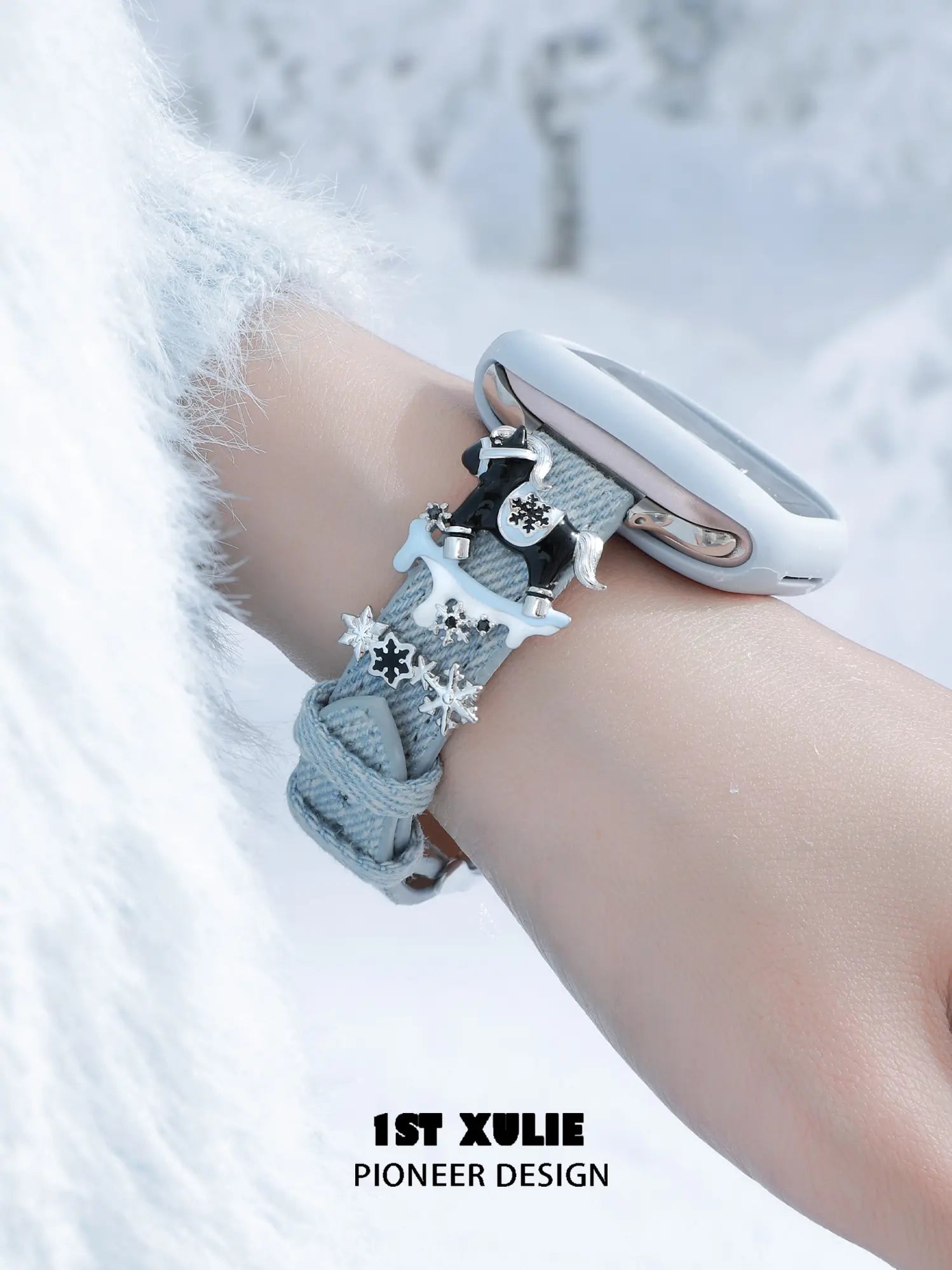 1ST XULIE Jewelry "Snowy Cuties" Snowy Pony Watch Strap in Brass and Microfiber Leather - Product View