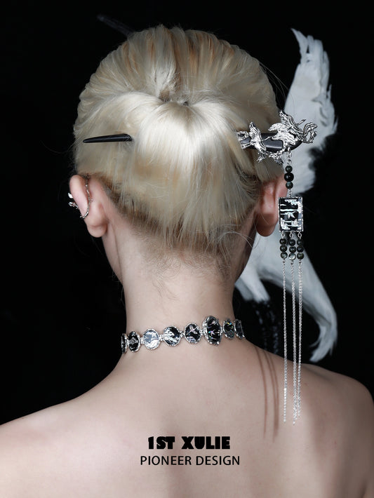 1ST XULIE "Spring Terrace" Chinoiserie Soaring Crane Sandalwood Hairpin in Antique Silver Plated Brass and Sandalwood - Detail Shot