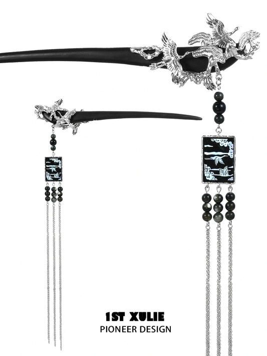 1ST XULIE "Spring Terrace" Chinoiserie Soaring Crane Sandalwood Hairpin in Antique Silver Plated Brass and Sandalwood - Product View