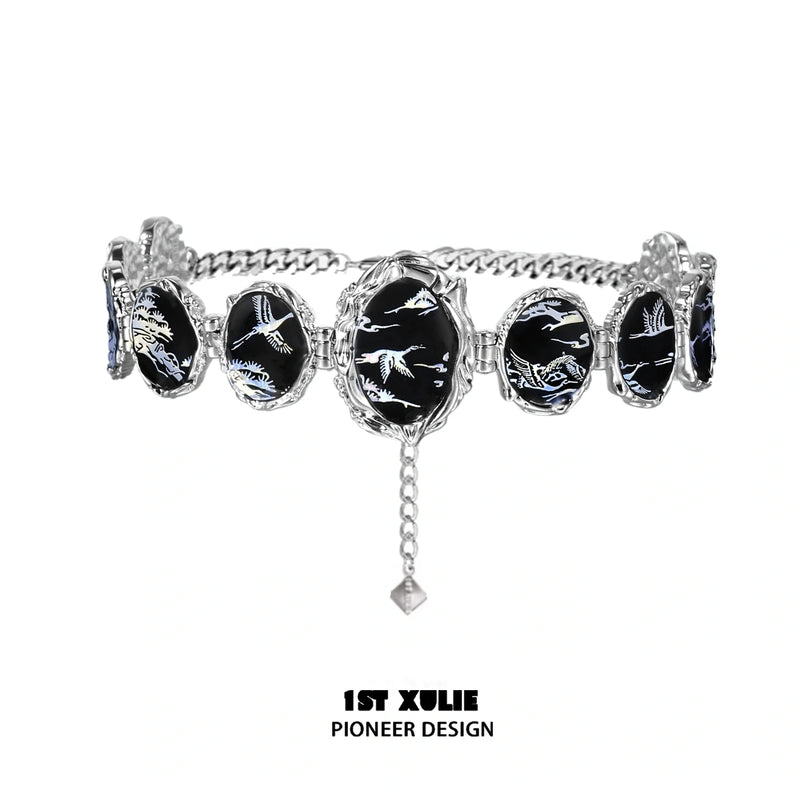 1ST XULIE "Soaring Cranes" Statement Resin Choker Necklace in Platinum Plated - On Model