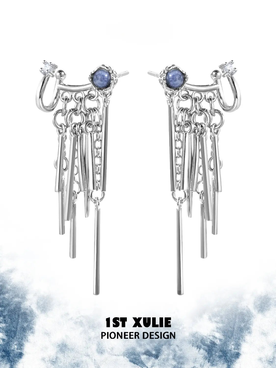 1ST XULIE Jewelry "MIAO" Sodalite Tassel Dangle Earrings in Platinum Plated - Angle 1