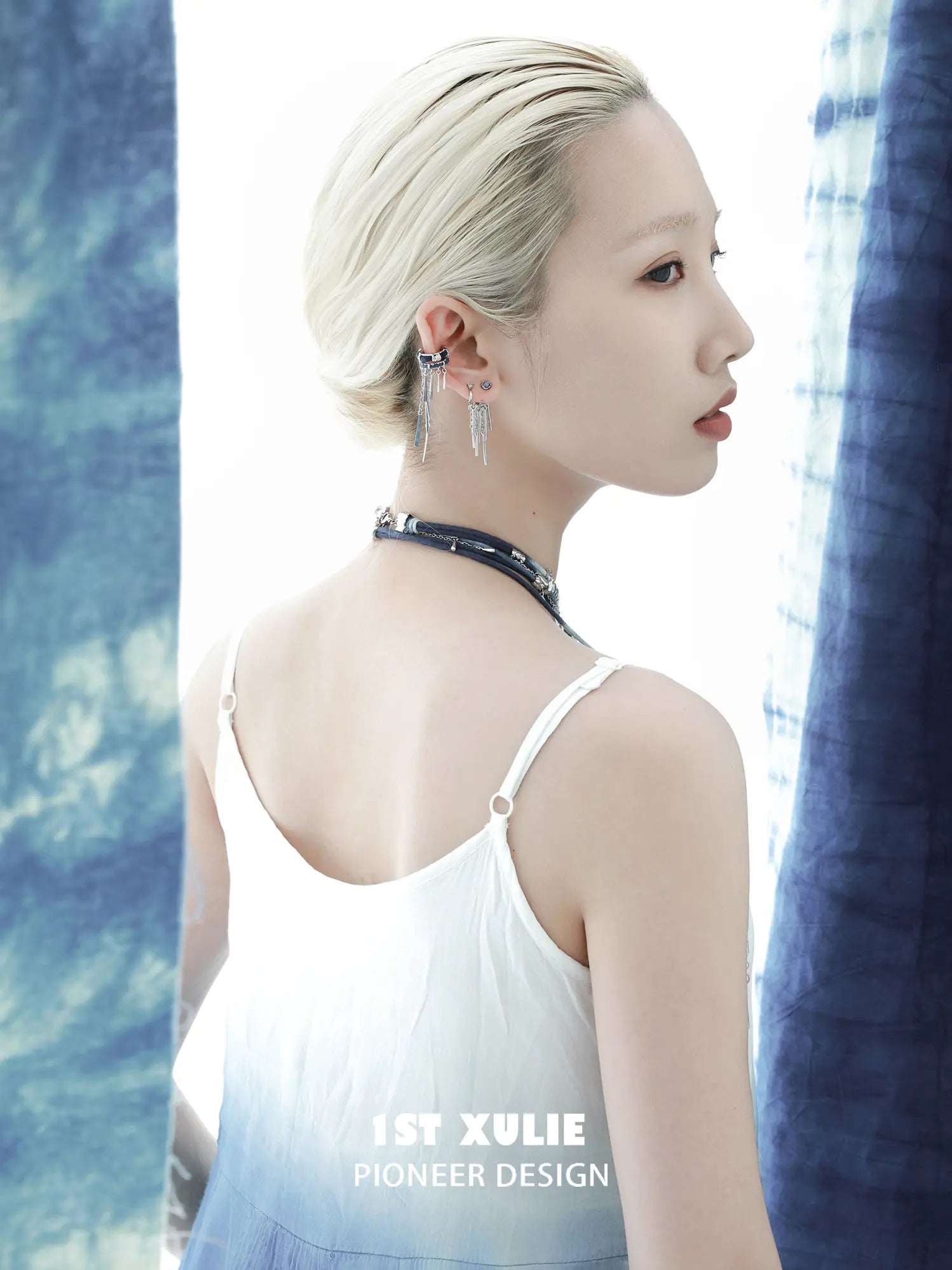 1ST XULIE Jewelry "MIAO" Sodalite Tassel Dangle Earrings in Platinum Plated - Detail Shot