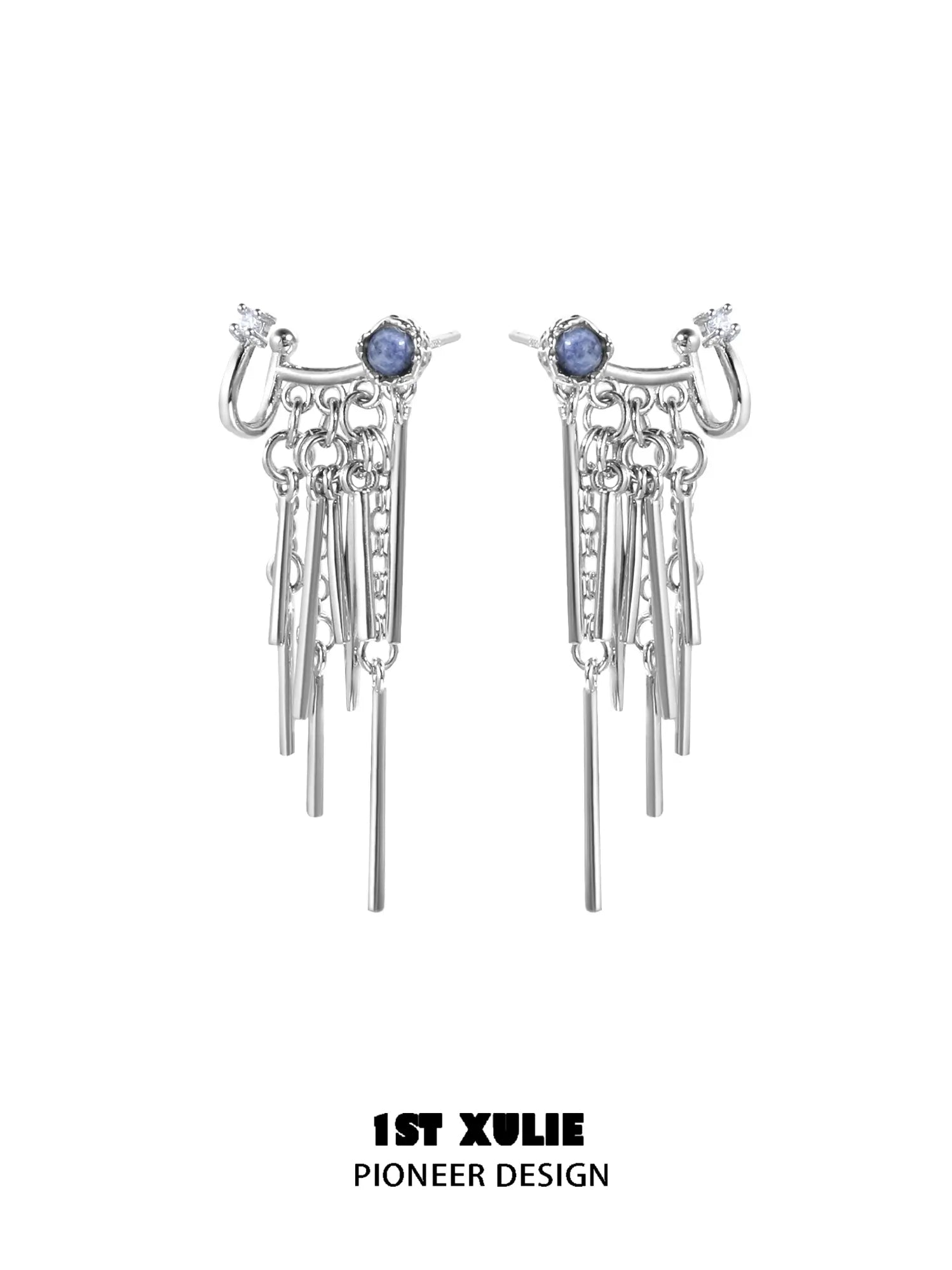 1ST XULIE Jewelry "MIAO" Sodalite Tassel Dangle Earrings in Platinum Plated - Lifestyle Shot