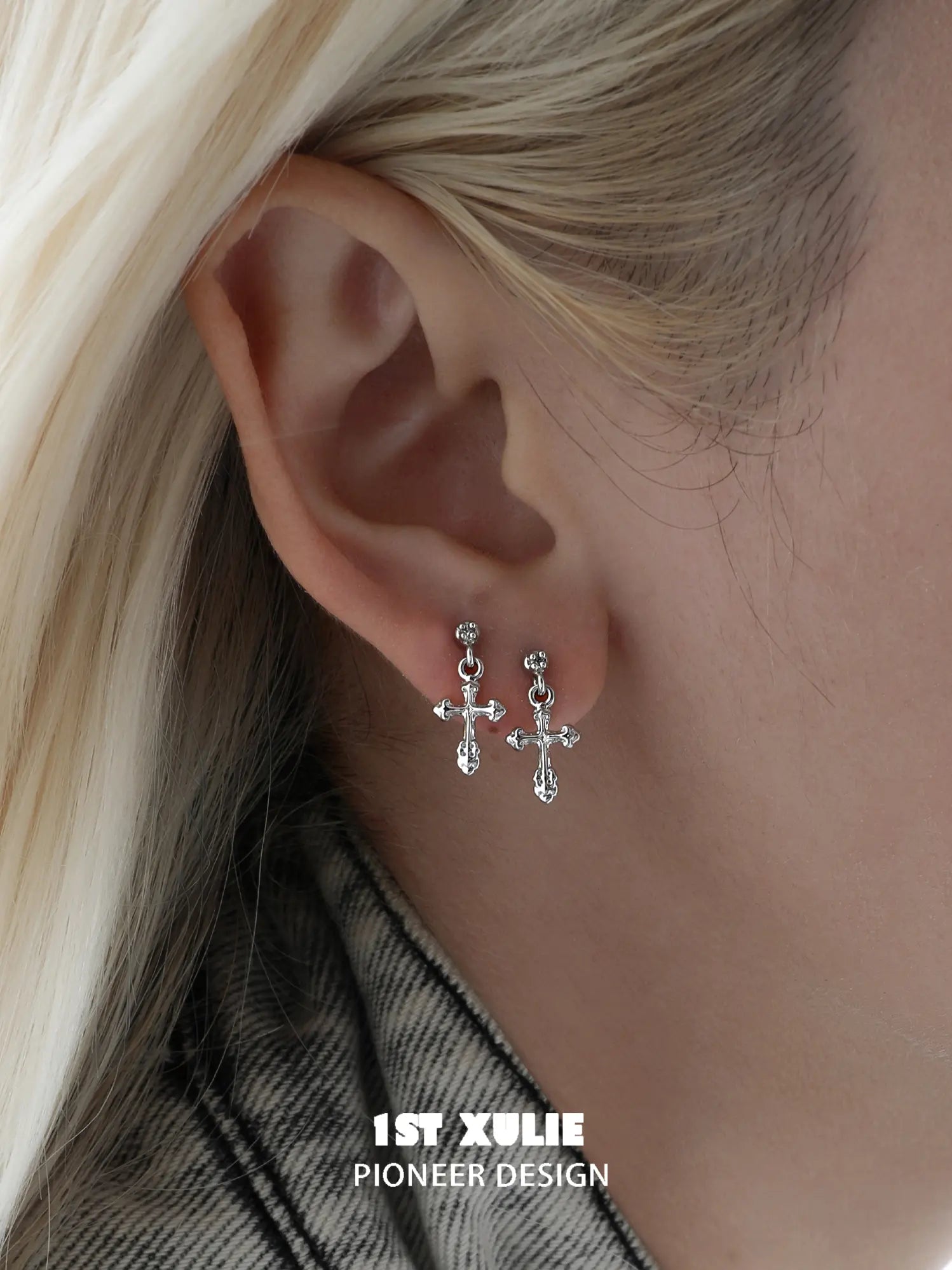 1ST XULIE Jewelry "Star Trails" Sparkling Cross Drop Huggie Hoop Earrings in 925 Sterling Silver - Angle 1