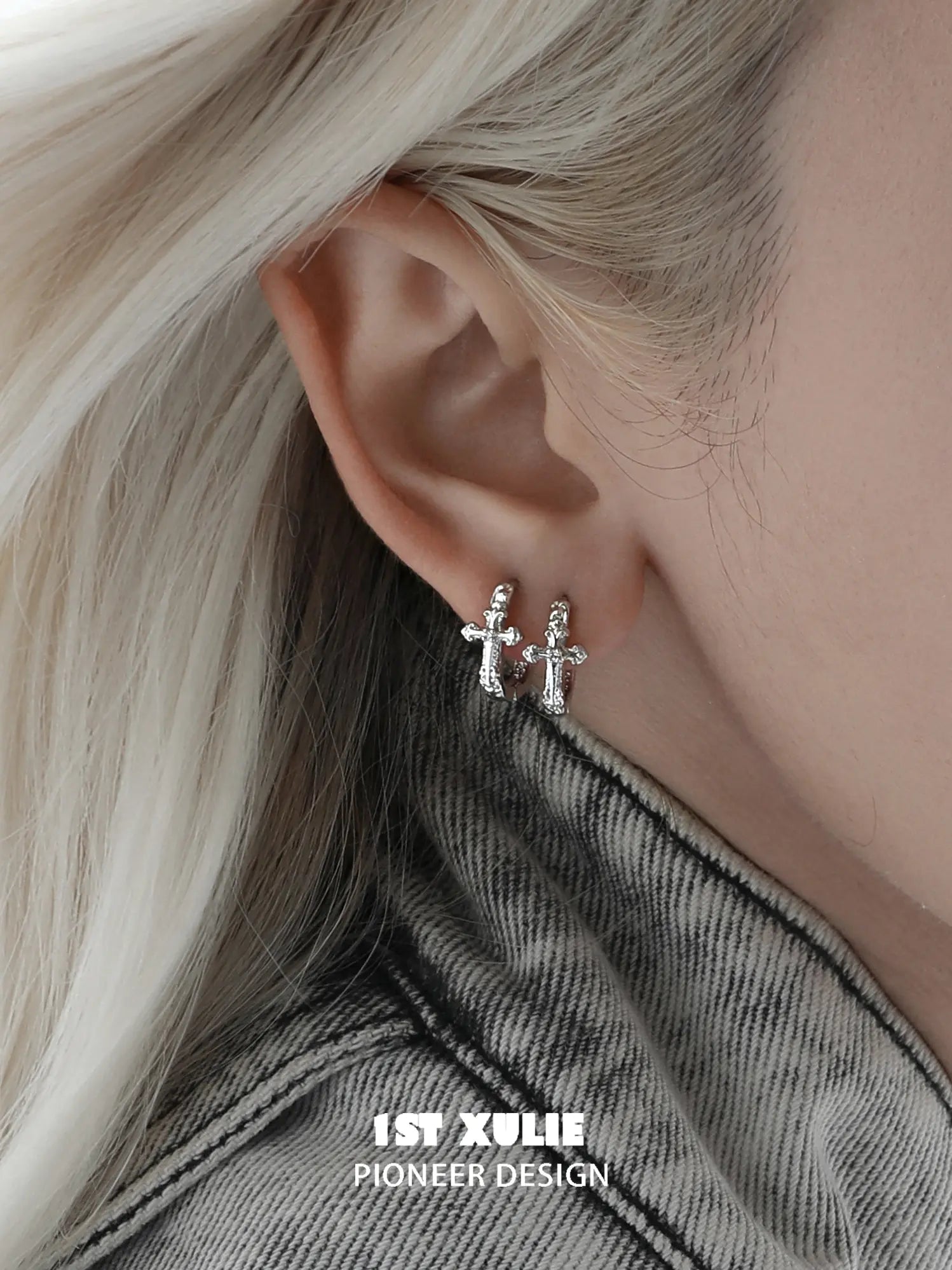 "Star Trails" 925 Sterling Silver Sparkling Cross Drop Huggie Hoop Earrings - Image 13
