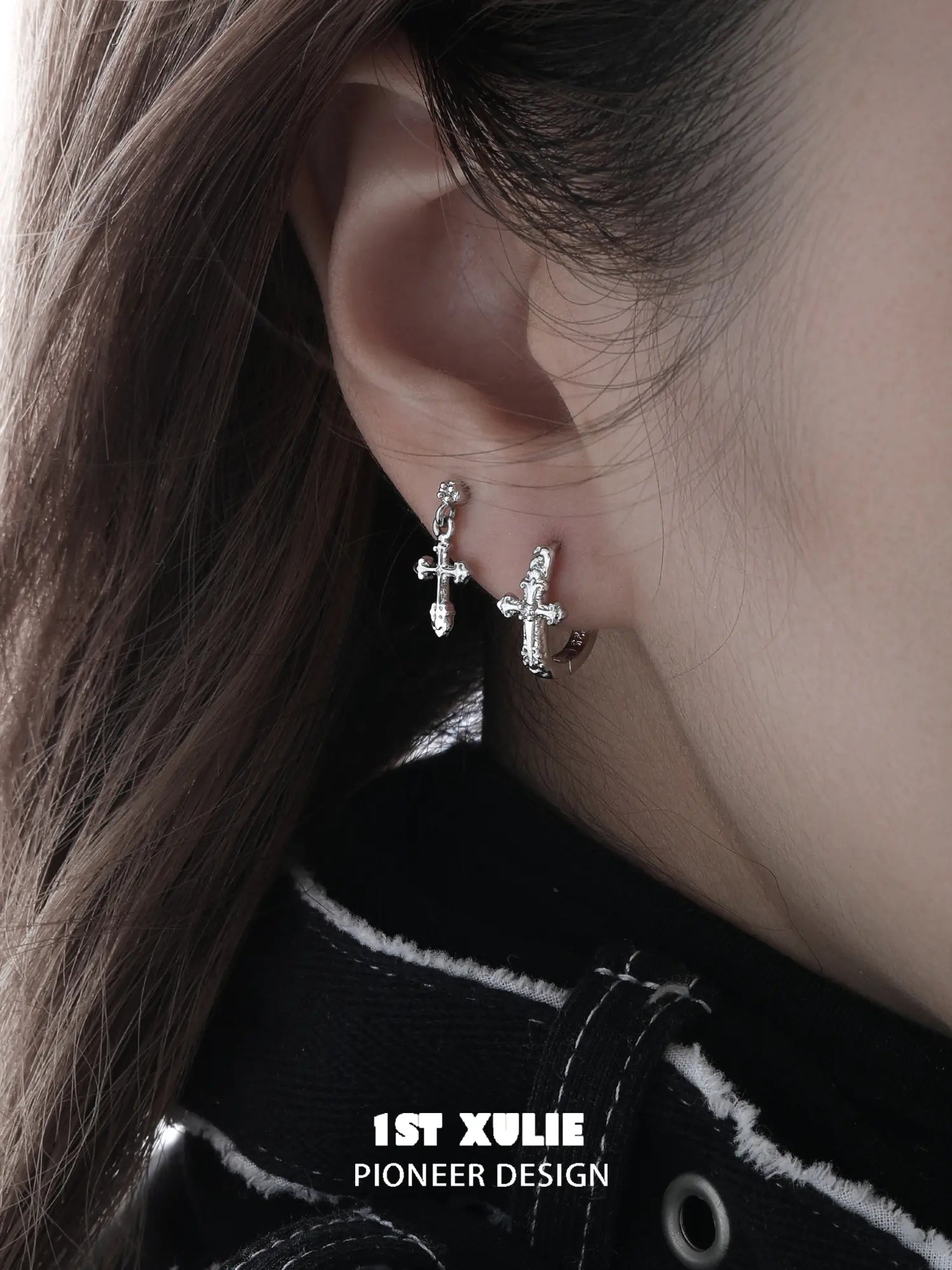 "Star Trails" 925 Sterling Silver Sparkling Cross Drop Huggie Hoop Earrings - Image 15