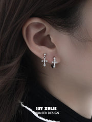 "Star Trails" 925 Sterling Silver Sparkling Cross Drop Huggie Hoop Earrings - Image 16