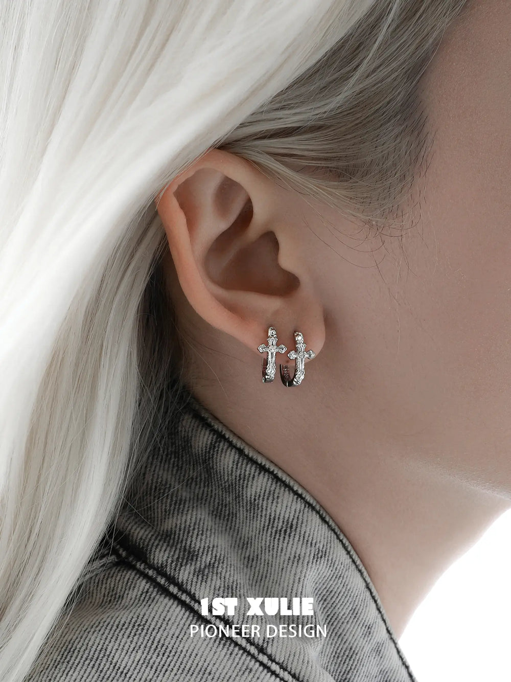 "Star Trails" 925 Sterling Silver Sparkling Cross Drop Huggie Hoop Earrings - Image 14