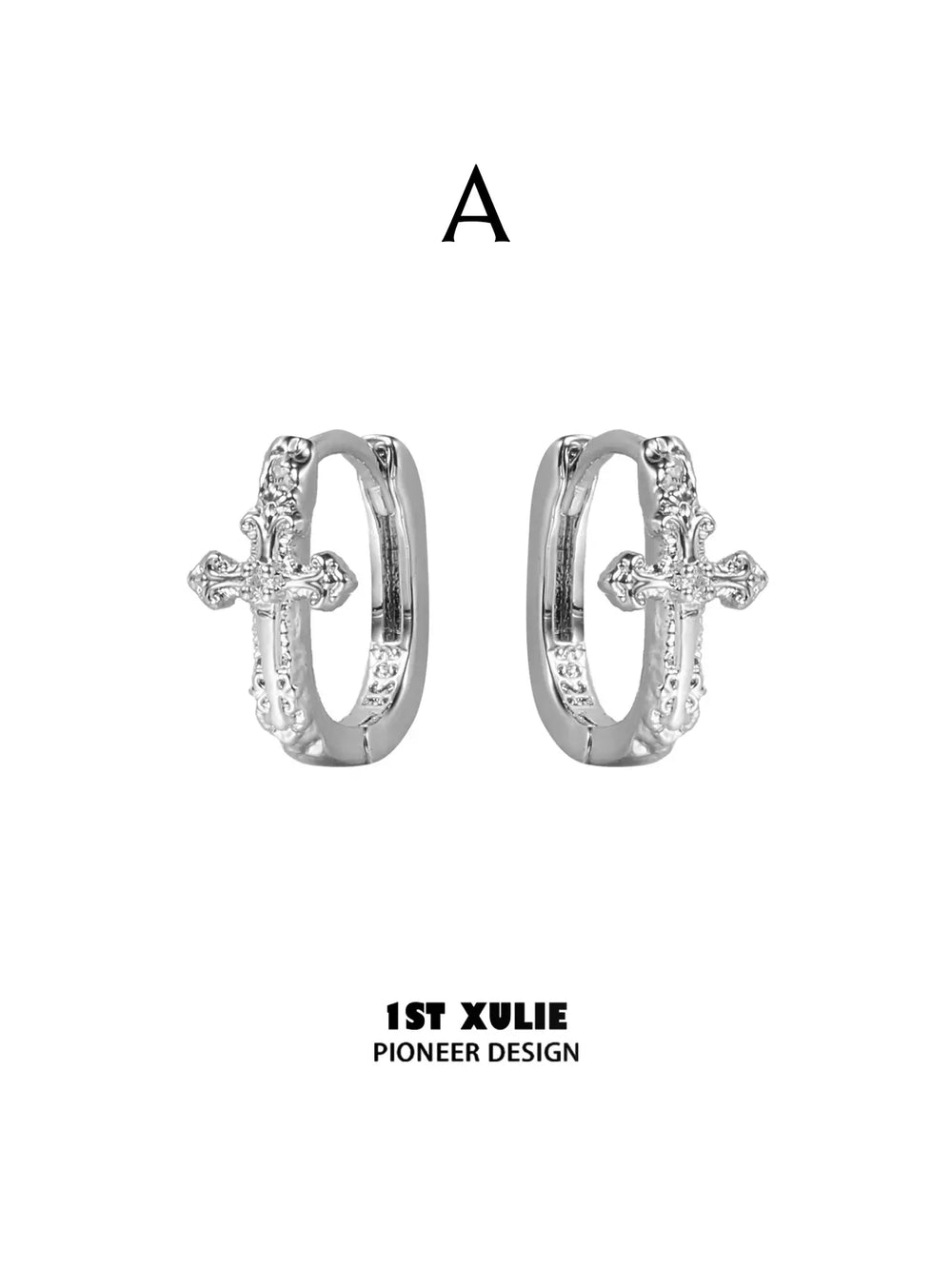 1ST XULIE Jewelry "Star Trails" Sparkling Cross Drop Huggie Hoop Earrings in 925 Sterling Silver - Detail Shot