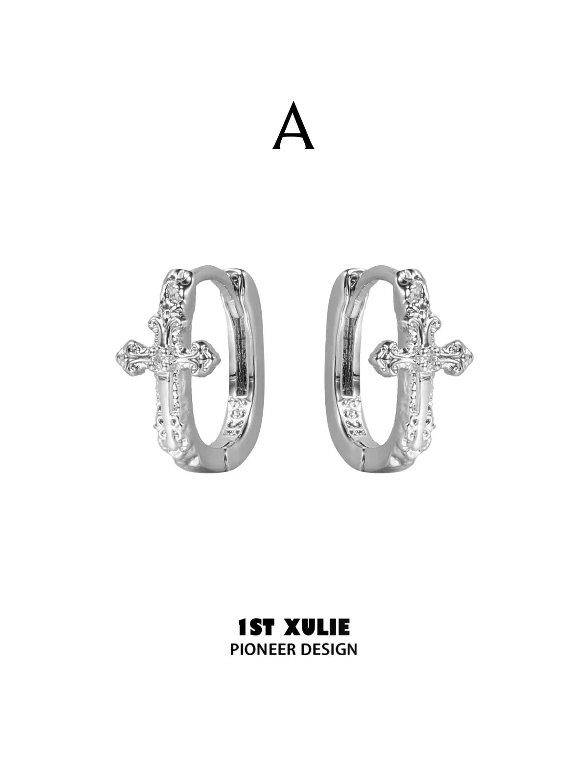 1ST XULIE Jewelry "Star Trails" Sparkling Cross Drop Huggie Hoop Earrings in 925 Sterling Silver - Detail Shot