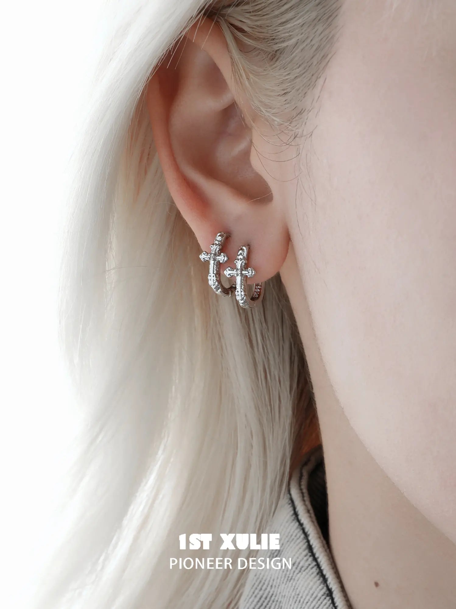 1ST XULIE Jewelry "Star Trails" Sparkling Cross Drop Huggie Hoop Earrings in 925 Sterling Silver - Lifestyle Shot