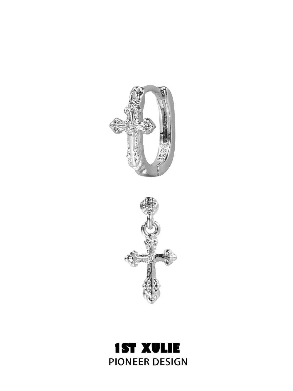 1ST XULIE Jewelry "Star Trails" Sparkling Cross Drop Huggie Hoop Earrings in 925 Sterling Silver - On Model
