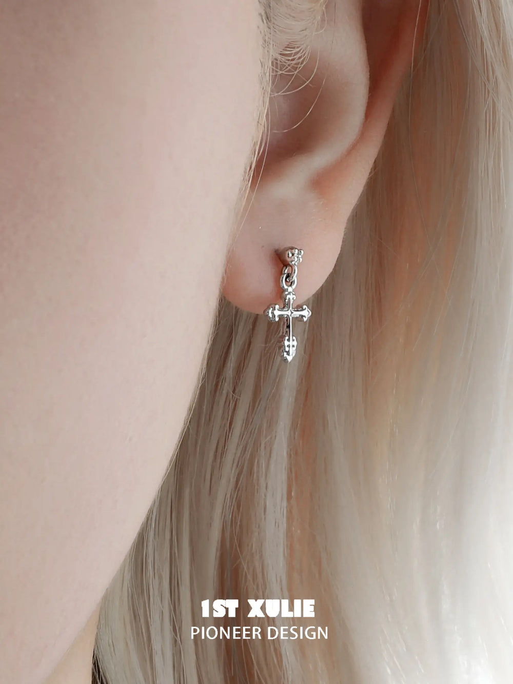 1ST XULIE Jewelry "Star Trails" Sparkling Cross Drop Huggie Hoop Earrings in 925 Sterling Silver - Packaging View