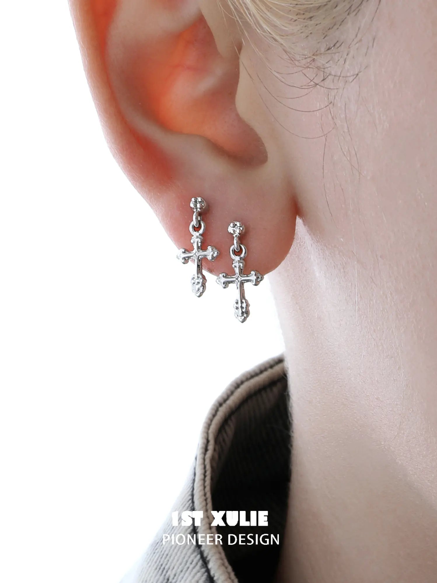 1ST XULIE Jewelry "Star Trails" Sparkling Cross Drop Huggie Hoop Earrings in 925 Sterling Silver - Side View