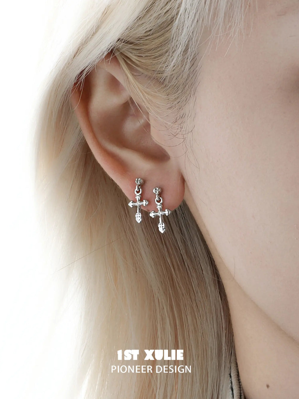 1ST XULIE Jewelry "Star Trails" Sparkling Cross Drop Huggie Hoop Earrings in 925 Sterling Silver - Texture Detail