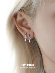 1ST XULIE Jewelry "Star Trails" Sparkling Cross Drop Huggie Hoop Earrings in 925 Sterling Silver - Texture Detail