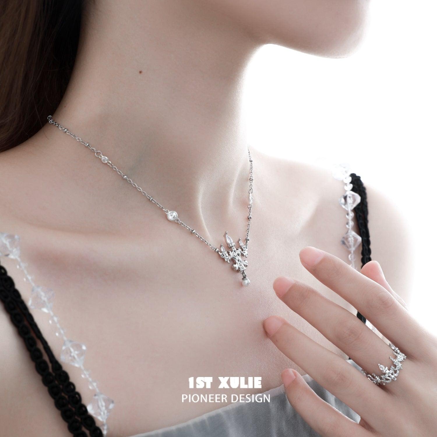 1ST XULIE "Crystal Palace" Sparkling Crystal Chandelier Necklace in 925 Sterling Silver - Detail Shot