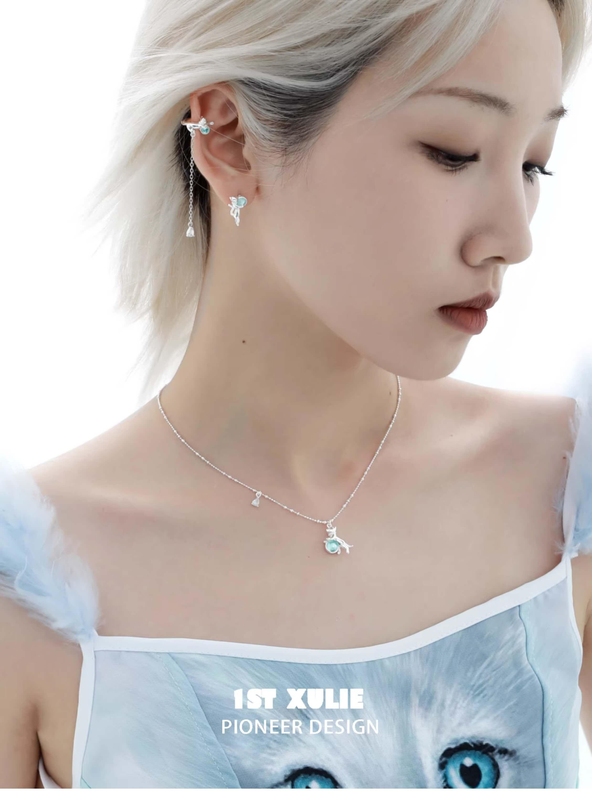 1ST XULIE "Lucky Cat" Sparkling Lucky Cat Dangle Ear Clips in 925 Sterling Silver - Side View