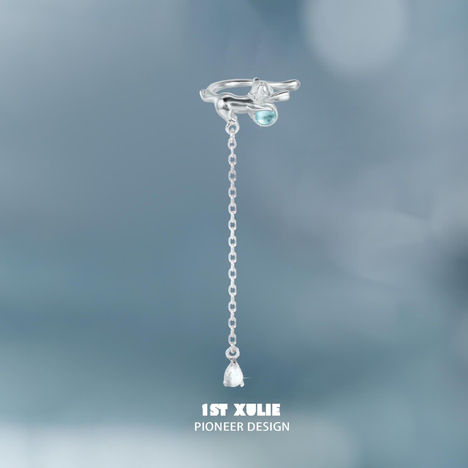 1ST XULIE "Lucky Cat" Sparkling Lucky Cat Dangle Ear Clips in 925 Sterling Silver - Product View
