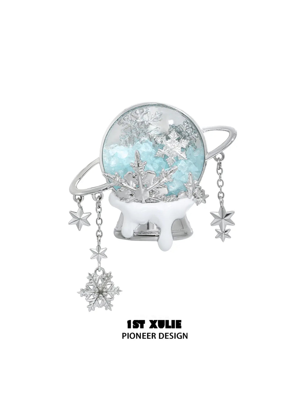 1ST XULIE Jewelry "Snow Land" Sparkling Snowflake Crystal Ball Brooch in Platinum Plated - Blue Crystal Close Up