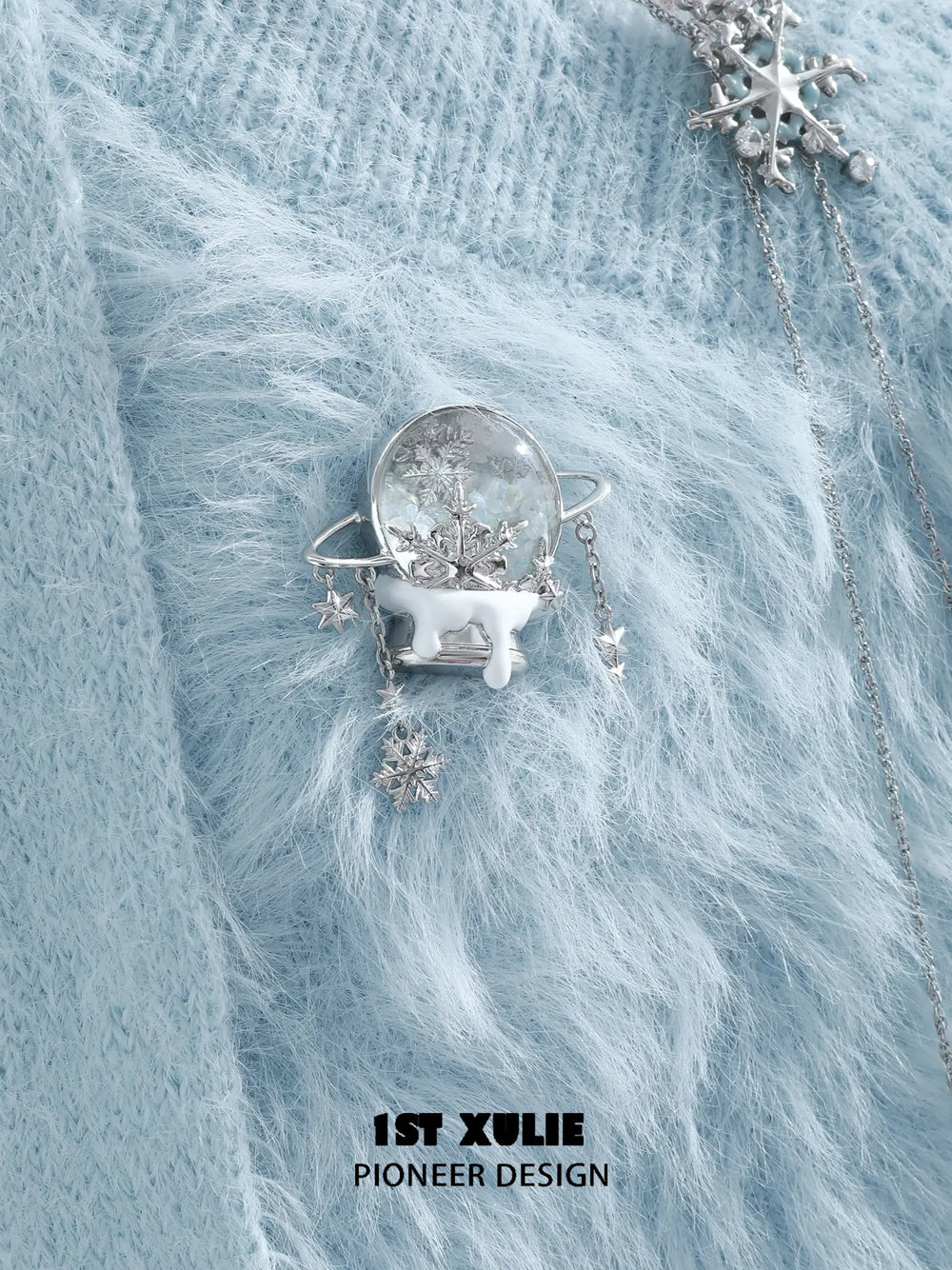 1ST XULIE Jewelry "Snow Land" Sparkling Snowflake Crystal Ball Brooch in Platinum Plated - Blue Crystal Detail