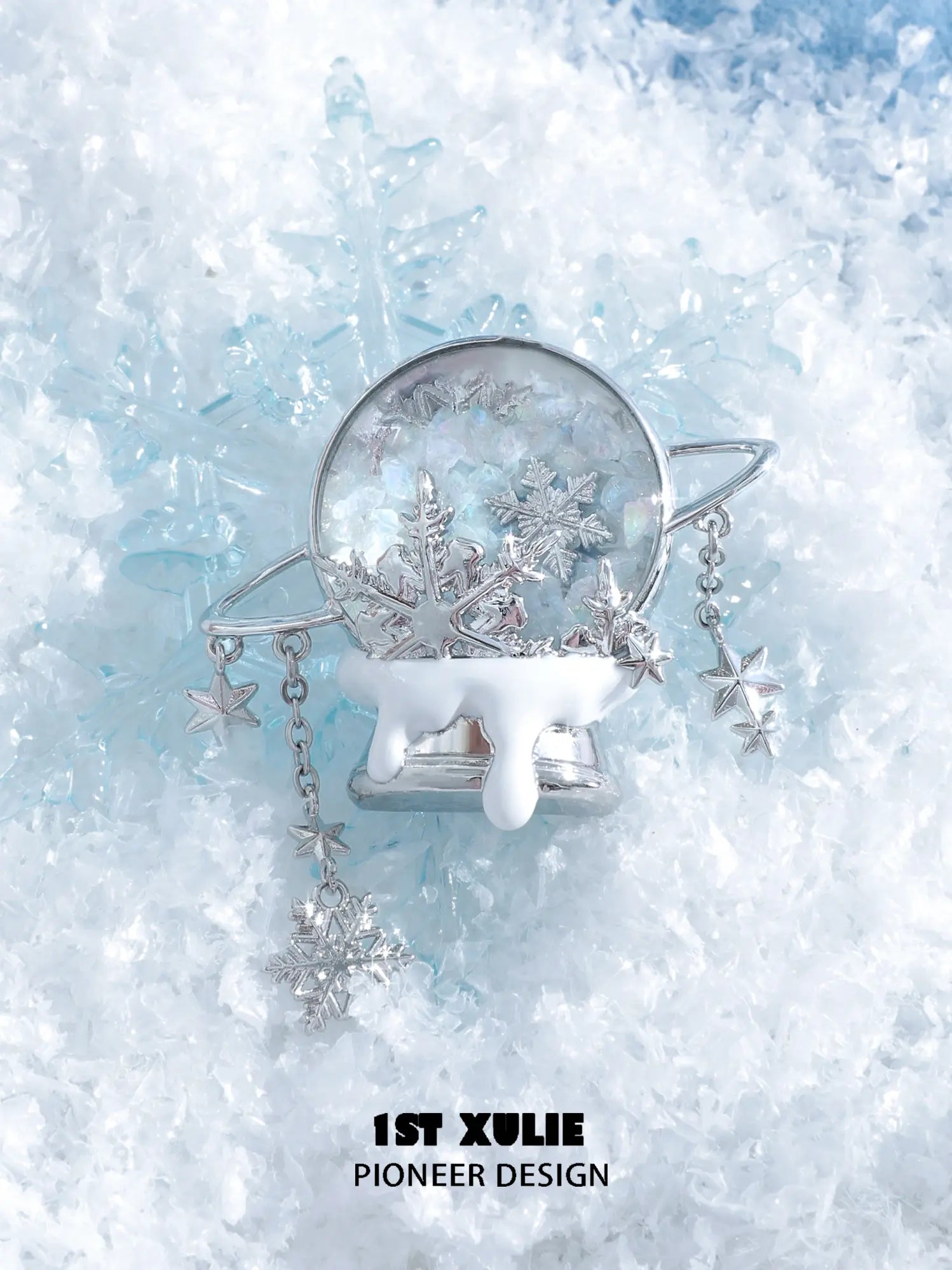 1ST XULIE Jewelry "Snow Land" Sparkling Snowflake Crystal Ball Brooch in Platinum Plated - Lifestyle Shot
