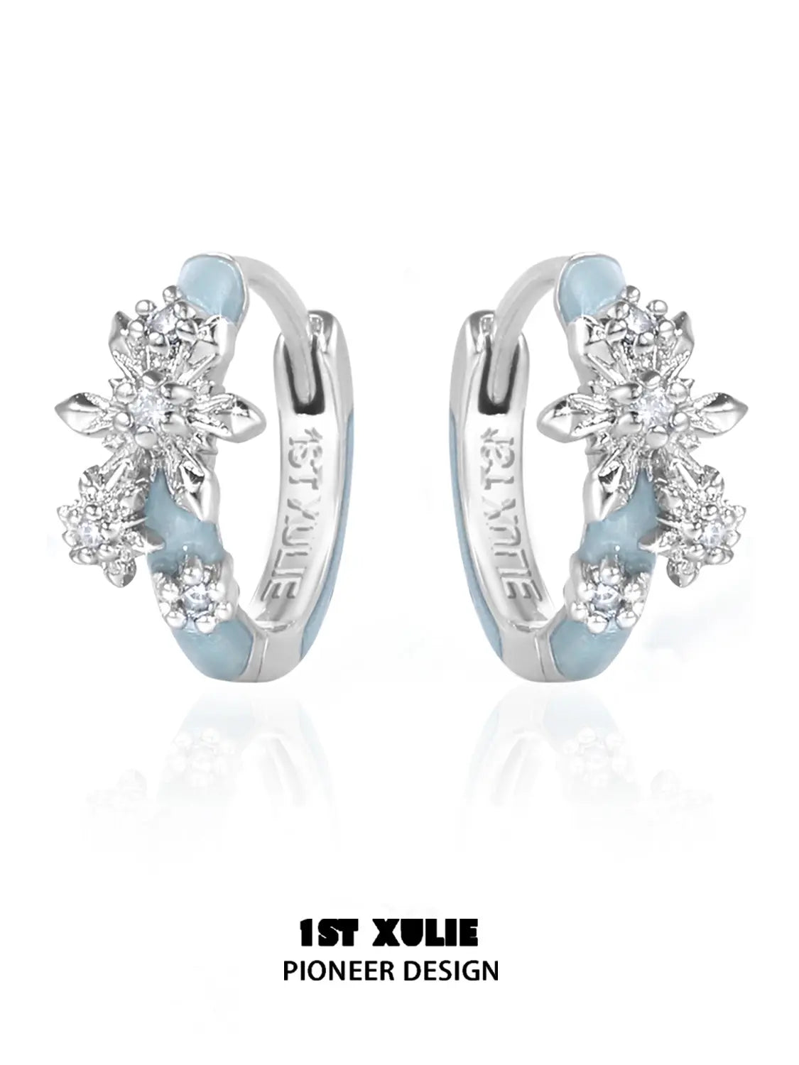 1ST XULIE Jewelry "Snow Land" Sparkling Snowflake Huggie & Stud Earrings in Platinum Plated - Angle View 2