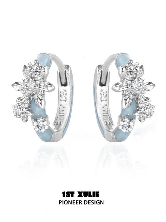1ST XULIE Jewelry "Snow Land" Sparkling Snowflake Huggie & Stud Earrings in Platinum Plated - Angle View 2
