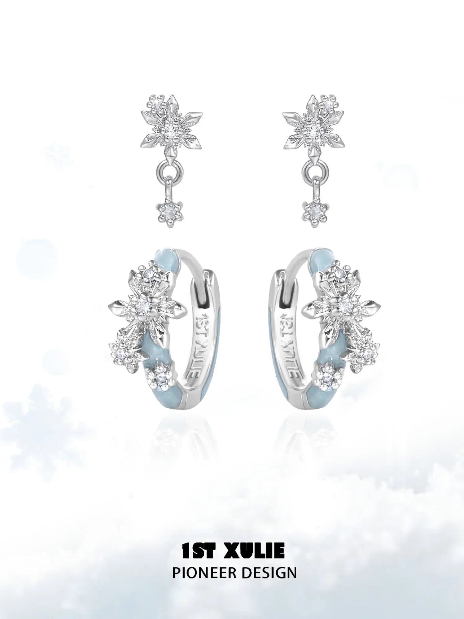 1ST XULIE Jewelry "Snow Land" Sparkling Snowflake Huggie & Stud Earrings in Platinum Plated - Lifestyle Shot