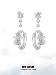 1ST XULIE Jewelry "Snow Land" Sparkling Snowflake Huggie & Stud Earrings in Platinum Plated - Lifestyle Shot