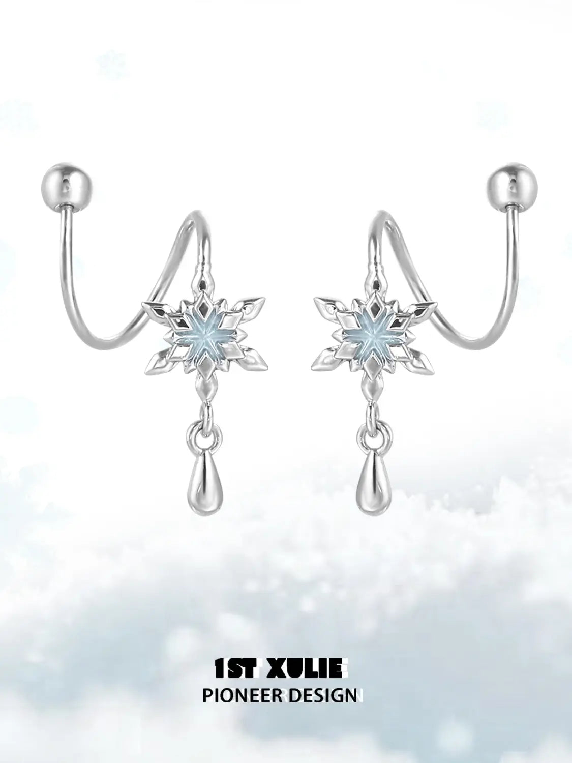 1ST XULIE "Snow Land" Sparkling Snowflake Stud Earrings in Platinum Plated - On Model Close Up