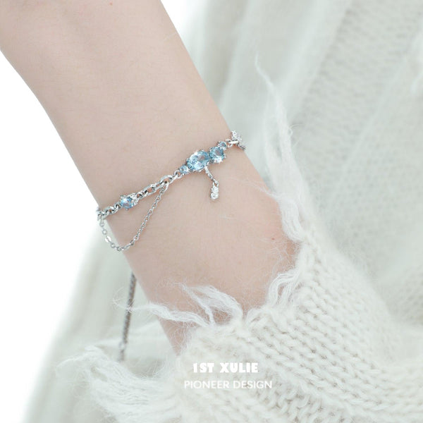 "THE SEA" Platinum Plated Sparkling Zirconia Tennis Bracelet, Adjustable Chain Bracelet