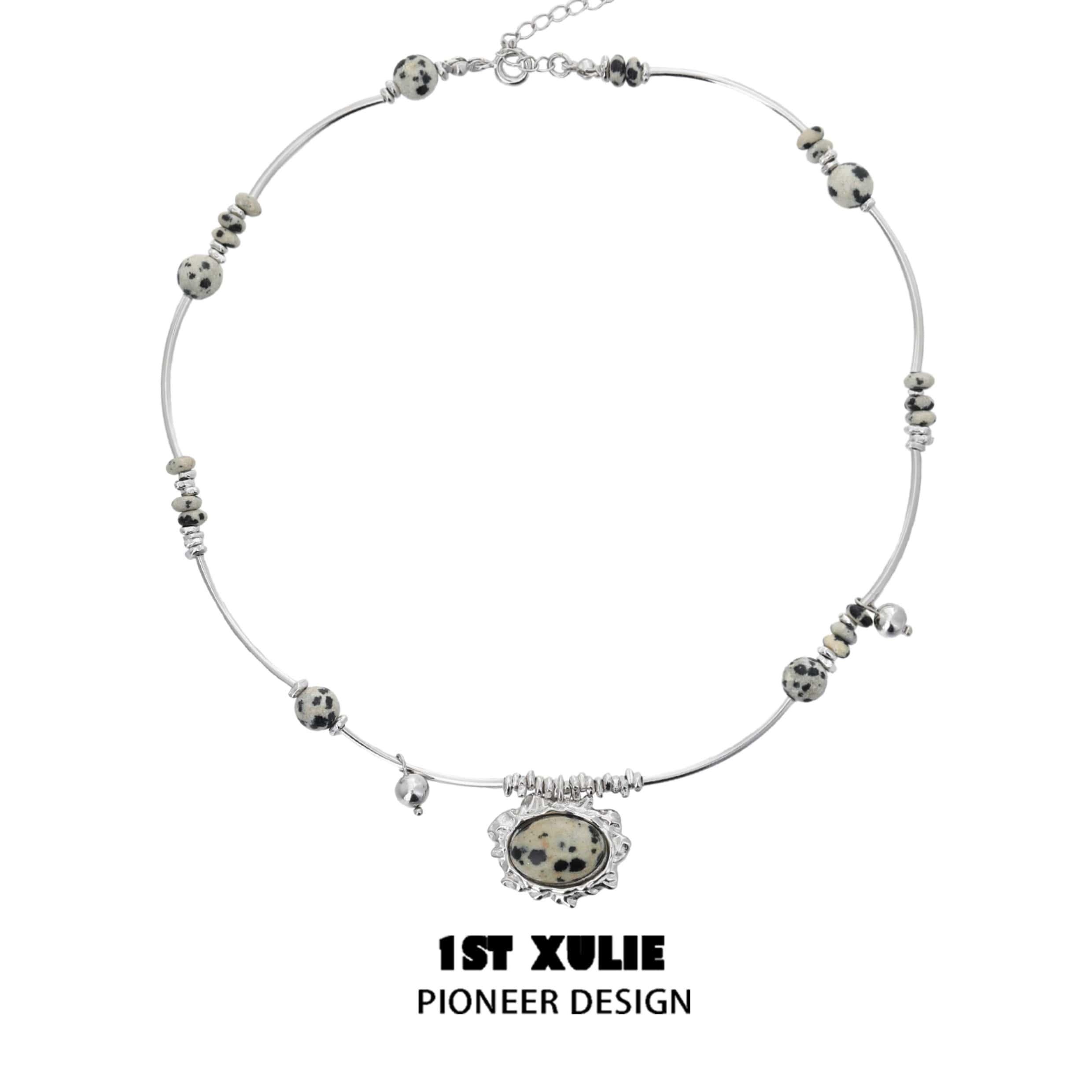 1ST XULIE "Stone Age" Spotted Stone Statement Choker Necklace in 925 Sterling Silver - Product View