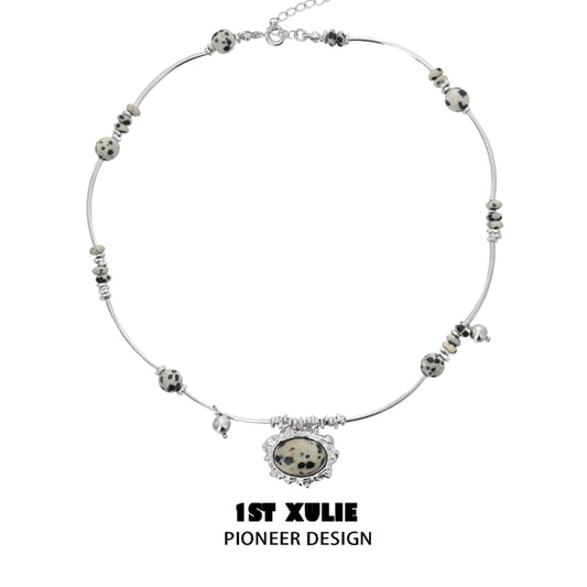 1ST XULIE "Stone Age" Spotted Stone Statement Choker Necklace in 925 Sterling Silver - Product View
