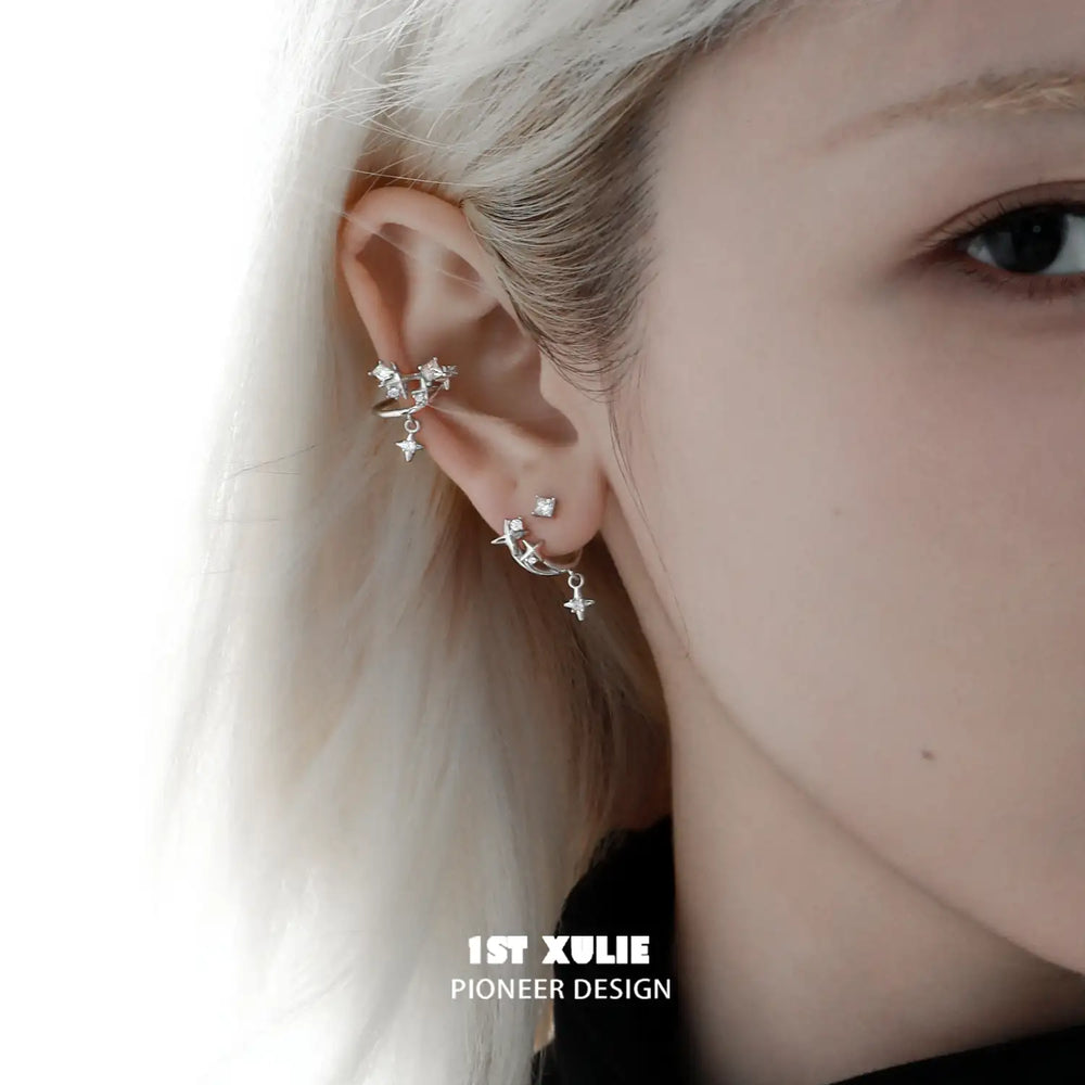 1ST XULIE "Star Trails" Detachable Four-Pointed Star Dangle Stud Earrings in 925 Sterling Silver - Detail Shot