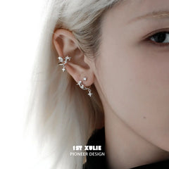 1ST XULIE "Star Trails" Detachable Four-Pointed Star Dangle Stud Earrings in 925 Sterling Silver - Detail Shot