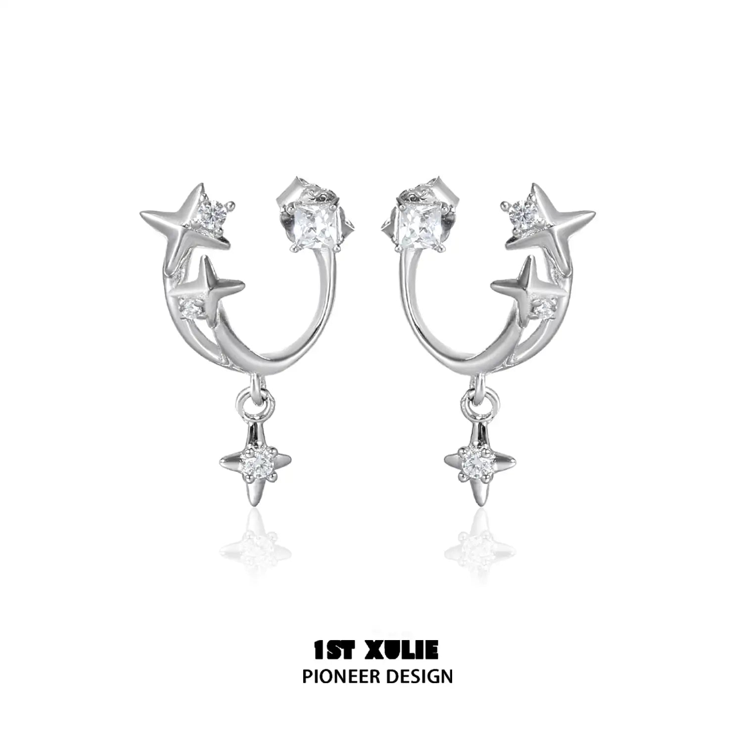 1ST XULIE "Star Trails" Detachable Four-Pointed Star Dangle Stud Earrings in 925 Sterling Silver - Product View
