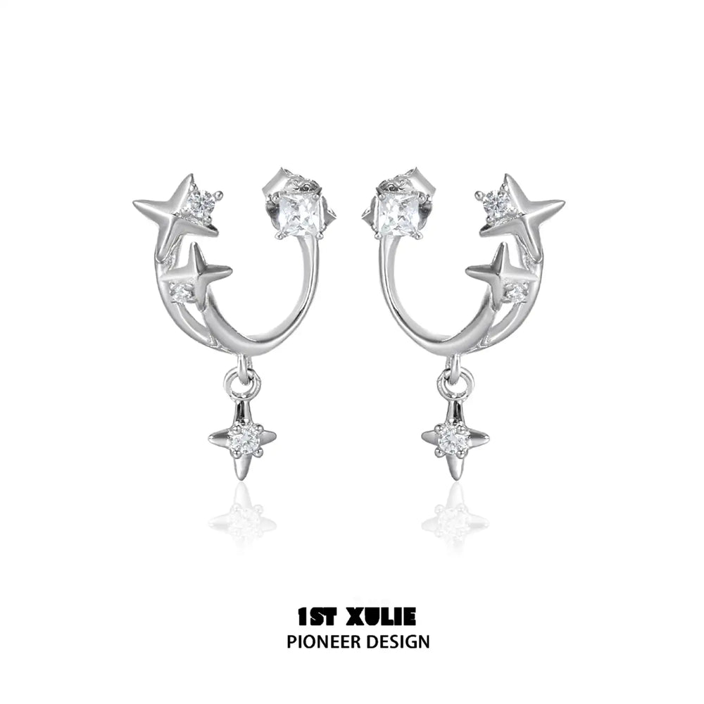 1ST XULIE "Star Trails" Detachable Four-Pointed Star Dangle Stud Earrings in 925 Sterling Silver - Product View