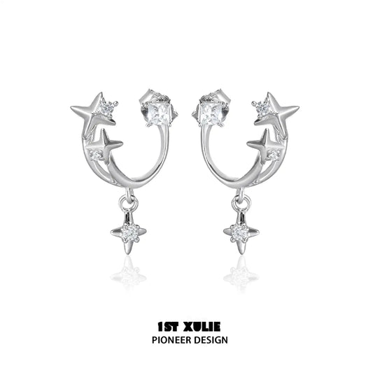 1ST XULIE "Star Trails" Detachable Four-Pointed Star Dangle Stud Earrings in 925 Sterling Silver - Product View
