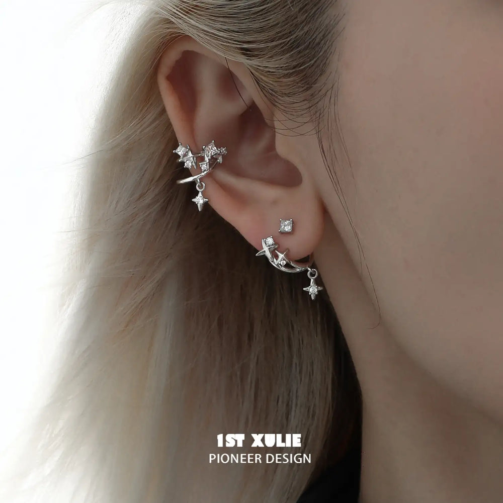 1ST XULIE "Star Trails" Detachable Four-Pointed Star Dangle Stud Earrings in 925 Sterling Silver - On Model
