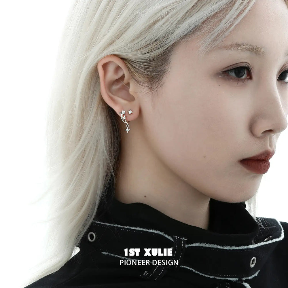 1ST XULIE "Star Trails" Detachable Four-Pointed Star Dangle Stud Earrings in 925 Sterling Silver - Size Comparison