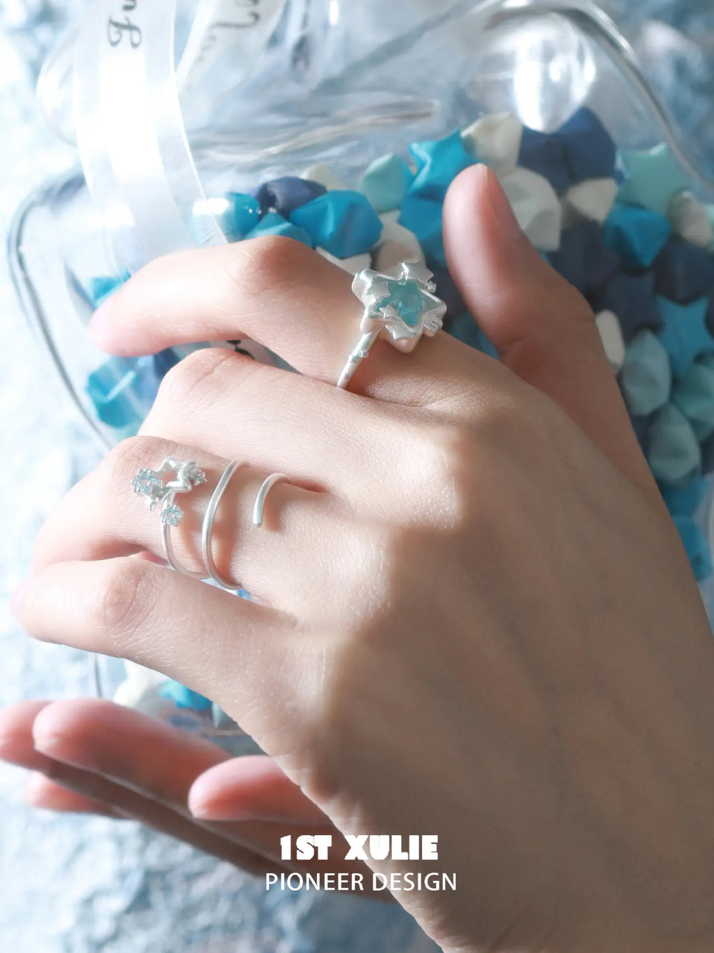 1ST XULIE Jewelry "WISHING STAR" Star Flip Zirconia Ring in Rhodium Plated Brass - On Model