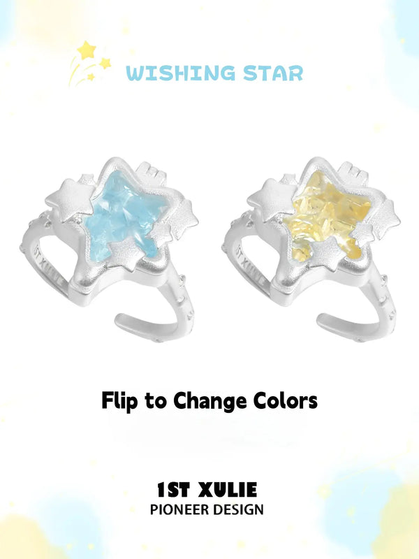 "WISHING STAR" Rhodium Plated Star Flip Ring, Adjustable Zirconia Ring
