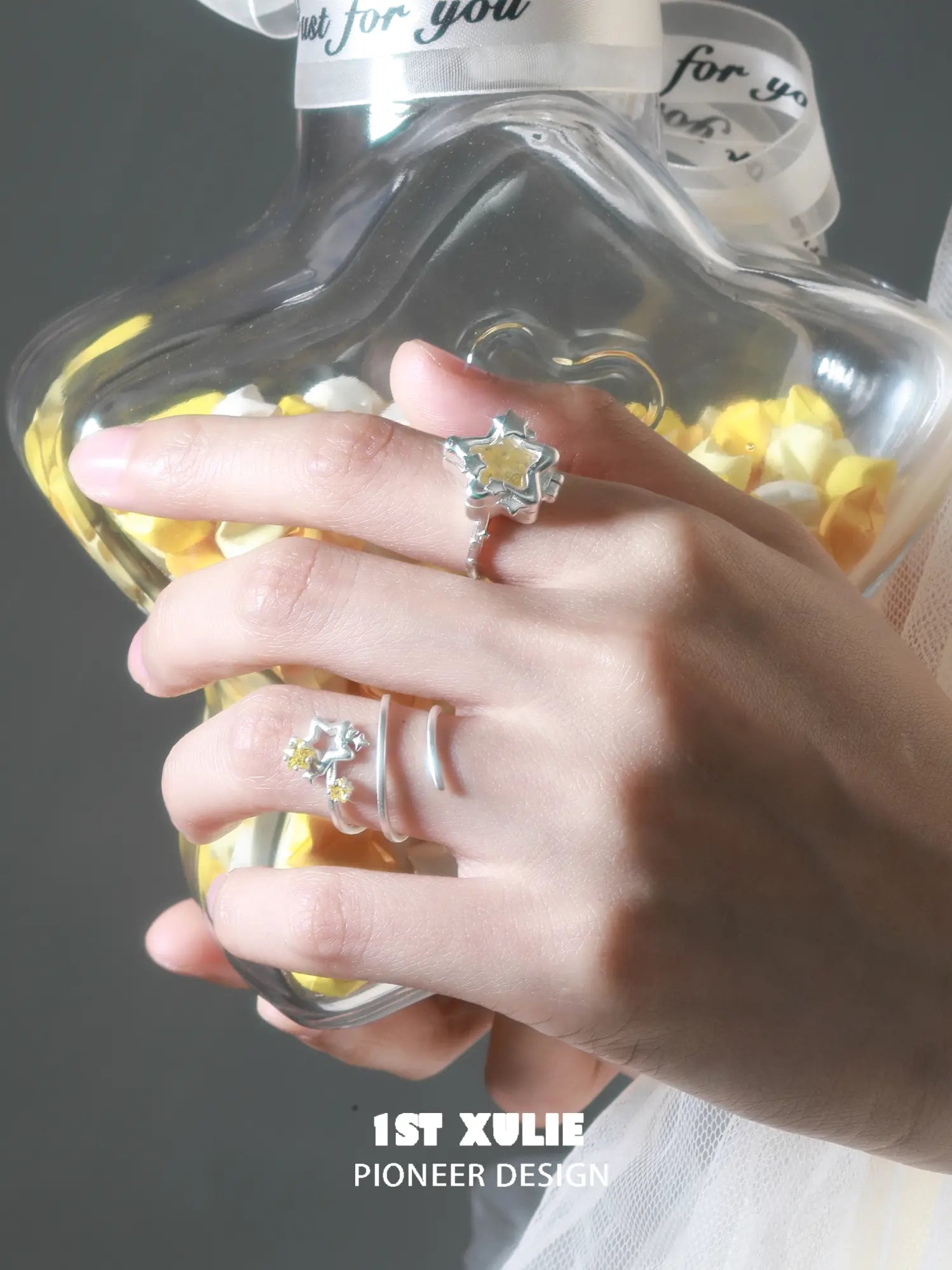 1ST XULIE Jewelry "WISHING STAR" Star Flip Zirconia Ring in Rhodium Plated Brass - Side View