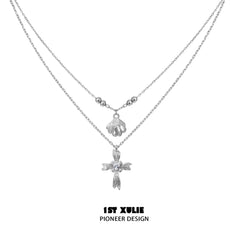 1ST XULIE "Silver Angel" Celestial Star & Gray Pearl Dangle Stud Earrings in Rhodium Plated Brass - Back View